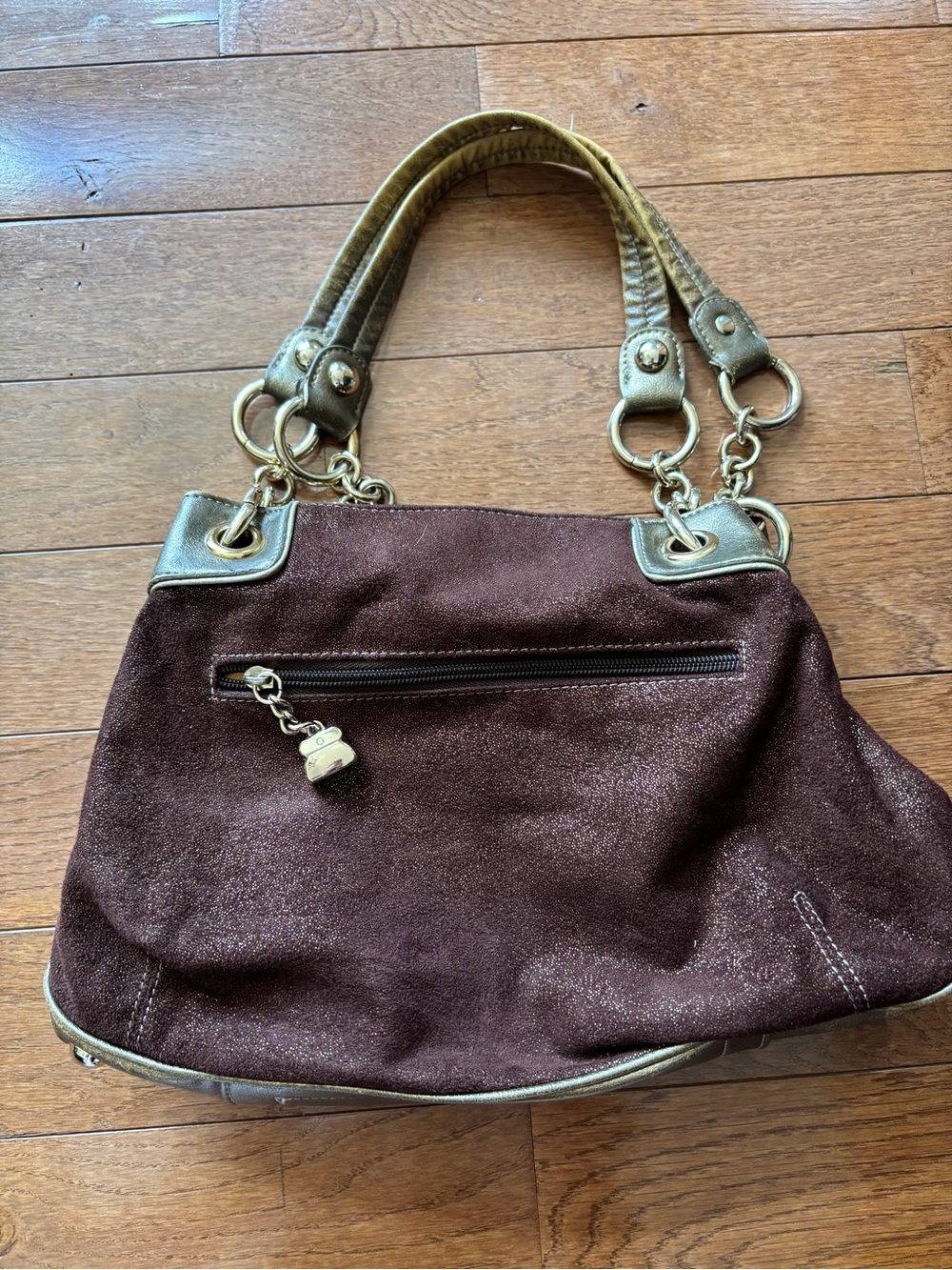 Y2k Brown Suede Shoulder Bag with Gold Accents - Picture 3 of 5